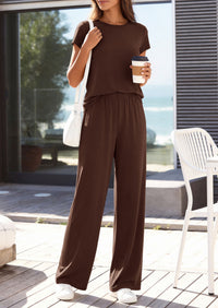 PRETTYGARDEN Women's 2026 Summer 2 Piece Matching Lounge Sets Short Sleeve Shirts Wide Leg Pants Travel Airport Outfits