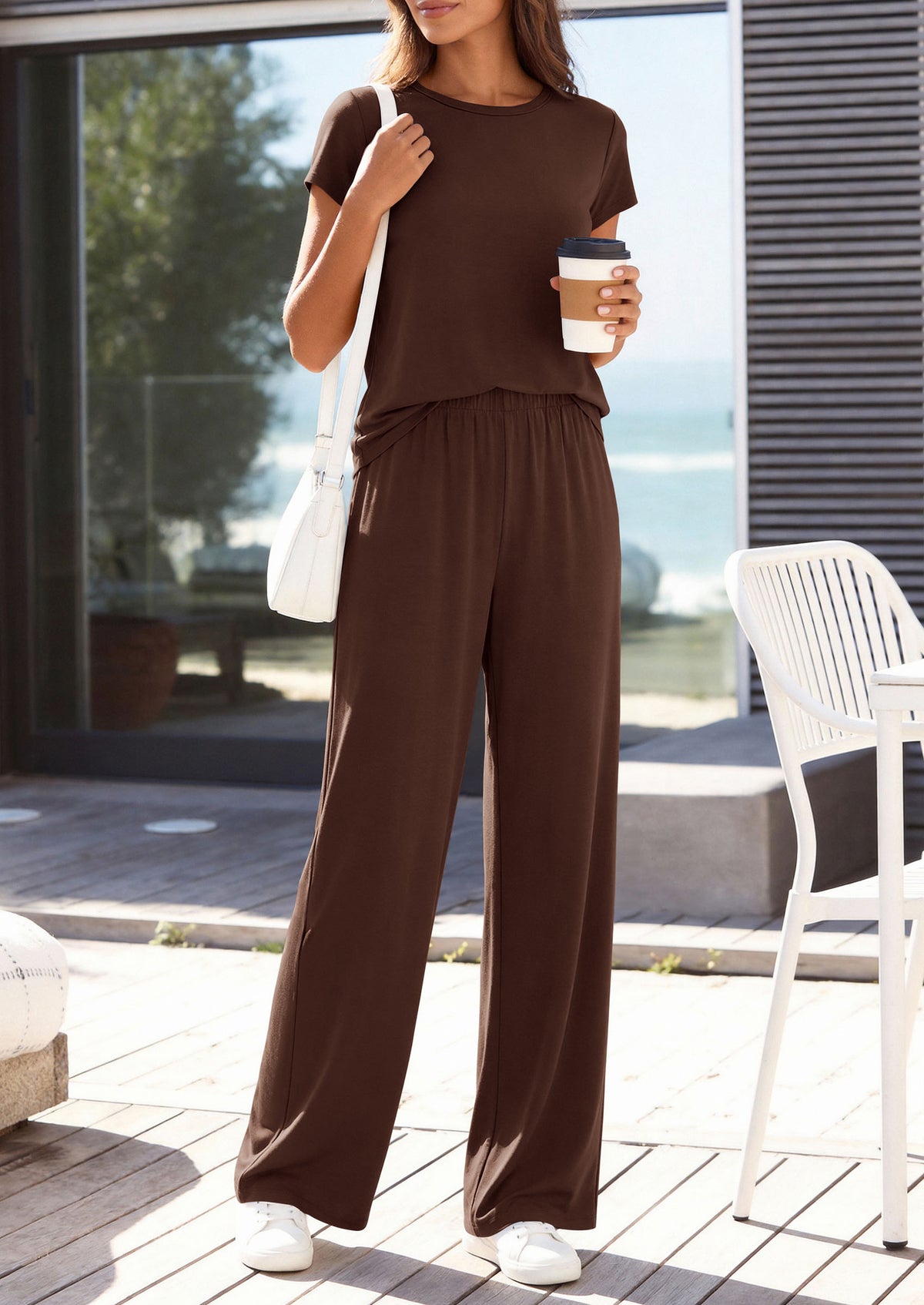 PRETTYGARDEN Women's 2026 Summer 2 Piece Matching Lounge Sets Short Sleeve Shirts Wide Leg Pants Travel Airport Outfits