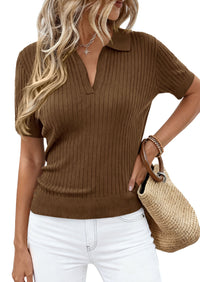 PRETTYGARDEN Women's Short Sleeve Sweater 2026 Spring Polo Shirts Ribbed Knit V Neck Business Casual Tops Summer Work Clothes PRETTYGARDEN