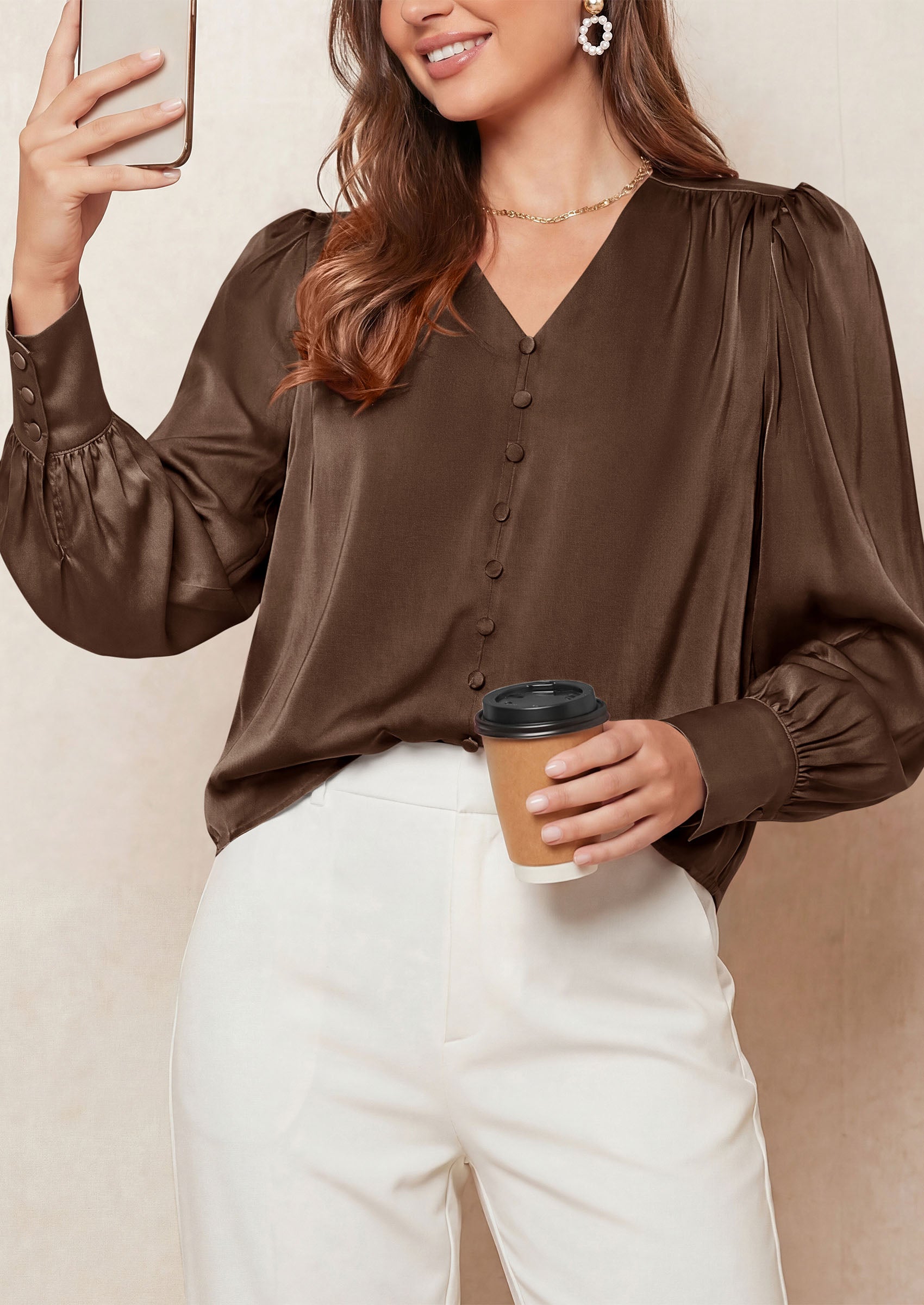 PRETTYGARDEN Satin Long Sleeve Womens Blouses Dressy Casual | Glossy Smooth Silk Fabric,Lantern Sleeve Fall Tops,Decorative Button Pullover,V Neck Shirts,Office Work Business Outfits