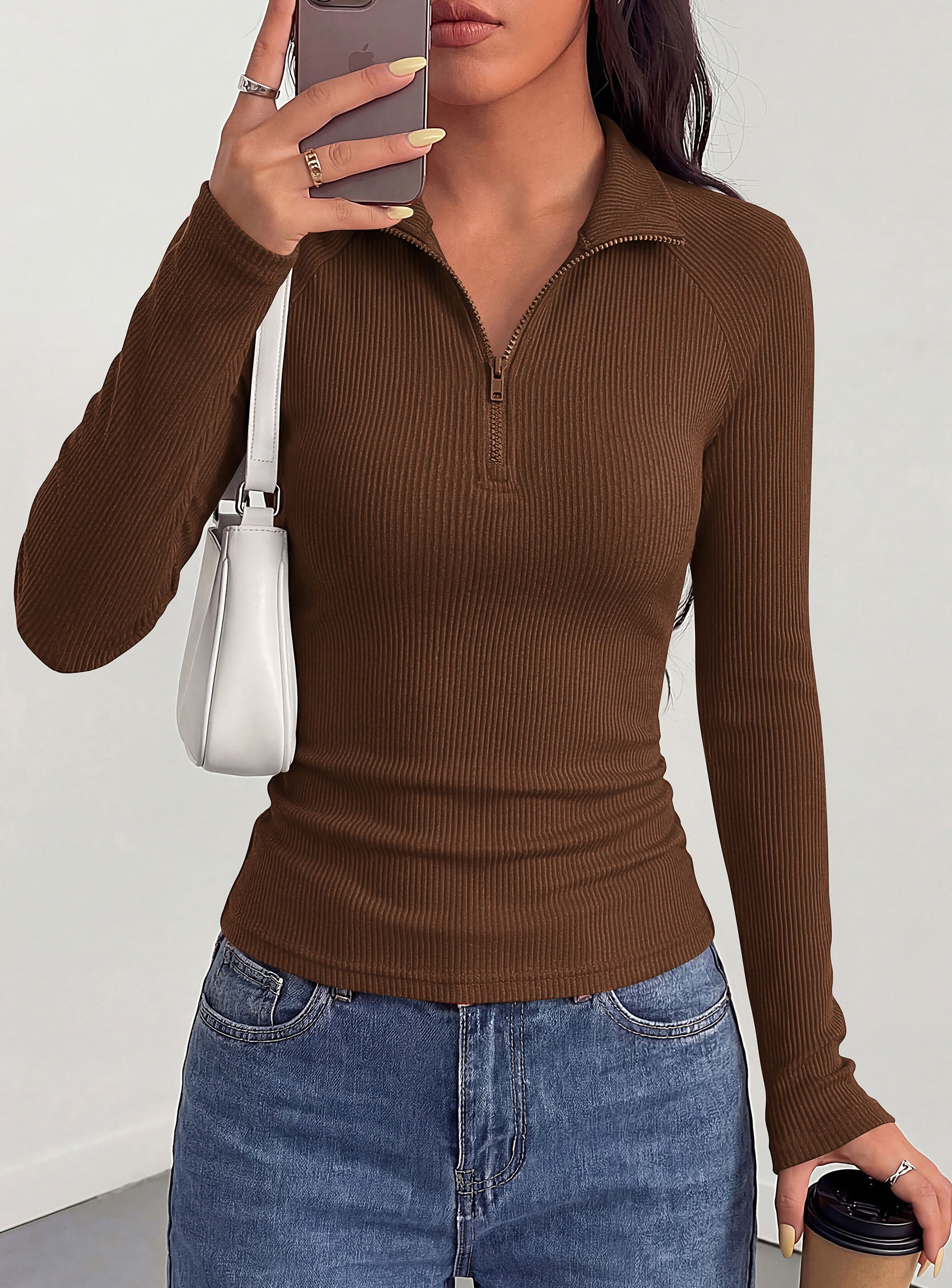 PRETTYGARDEN Women's Fall Quarter Zip Long Sleeve Shirts | Soft Stretchy Ribbed Knit, Collared Zipper Slim Fitted, Raglan Sleeves Pullover, Dressy Casual Tops, Trendy Going Out Outfits