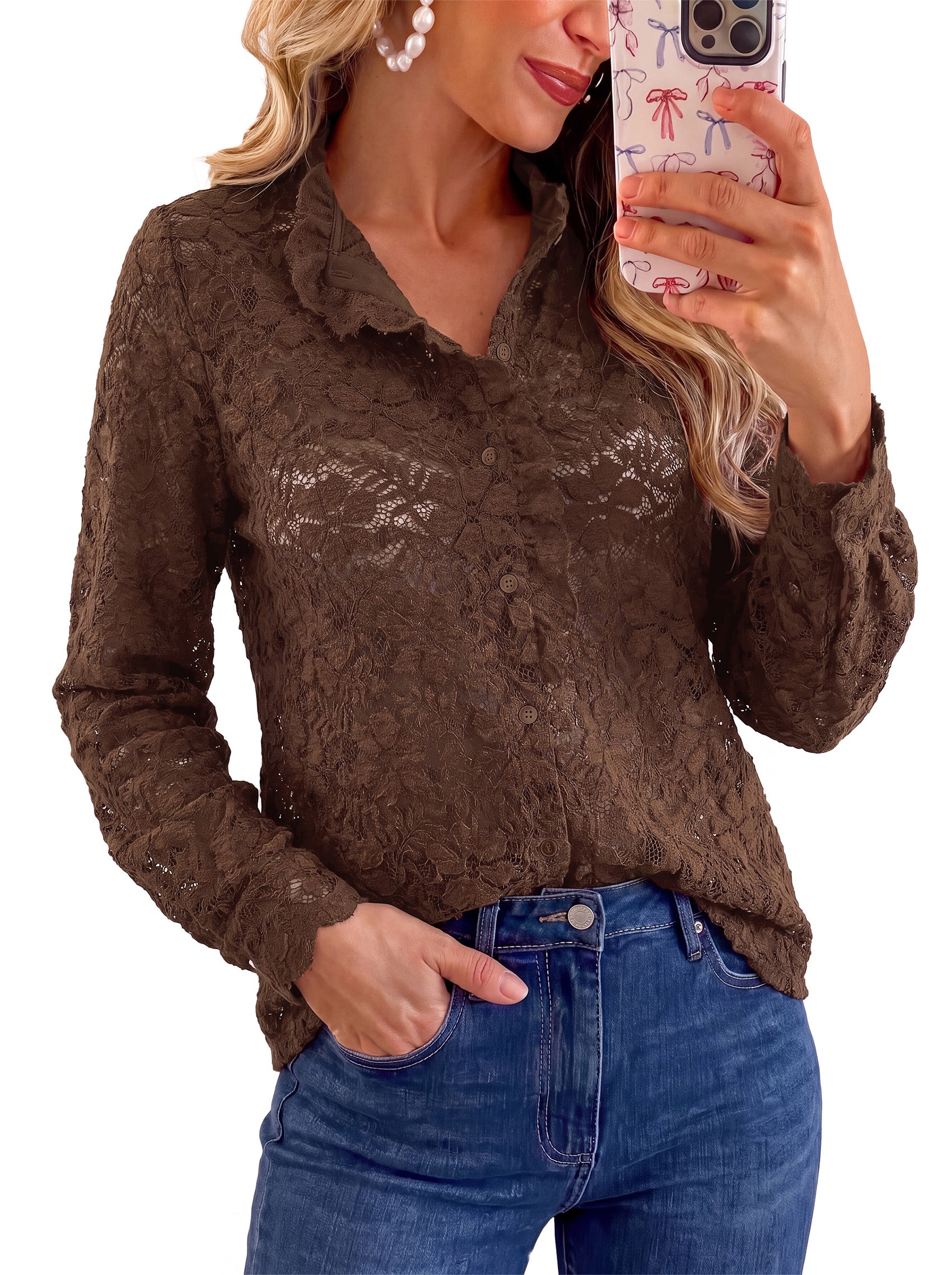 PRETTYGARDEN Women Lace Tops Button Down Long Sleeve Shirts  | Sheer Lace Button Shirts, Elegant Ruffle Collar Blouses, Eyelet Tops Dressy Casual, Date Night Outfit, Fall Fashion Clothing
