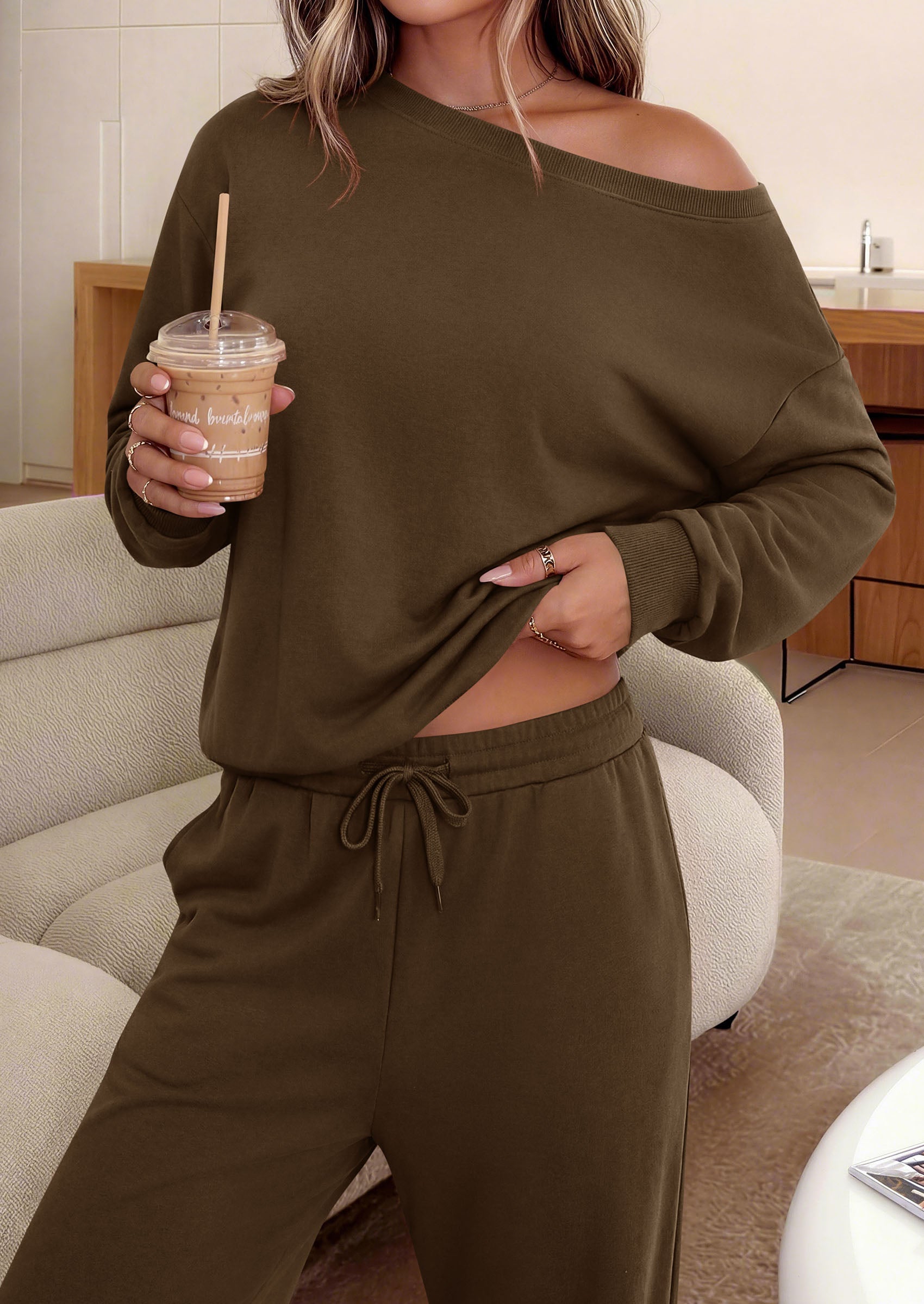 PRETTYGARDEN Womens 2 Piece Casual Matching Lounge Sets  Fashion Off the Shoulder Sweatshirt, Wide Leg Pants with Pockets, Comfy Airport Travel Outfit, 2026 Trendy Fall Set