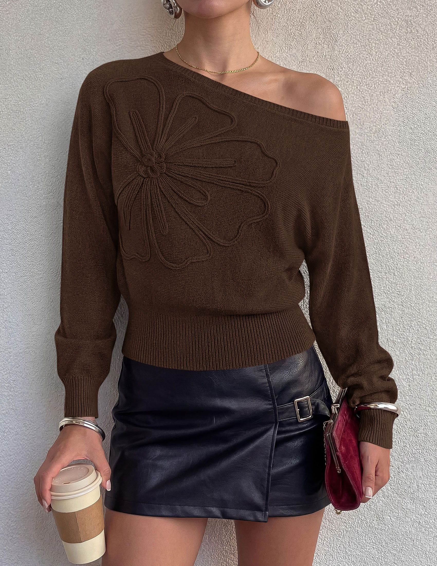 PRETTYGARDEN Women's Fall Off The Shoulder Sweater Tops   | 3D Flower Off Shoulder Sweater, Cinched Waist, Long Sleeve Cropped Sweaters, Knit Pullover Tops, Trendy Date Night Outfit