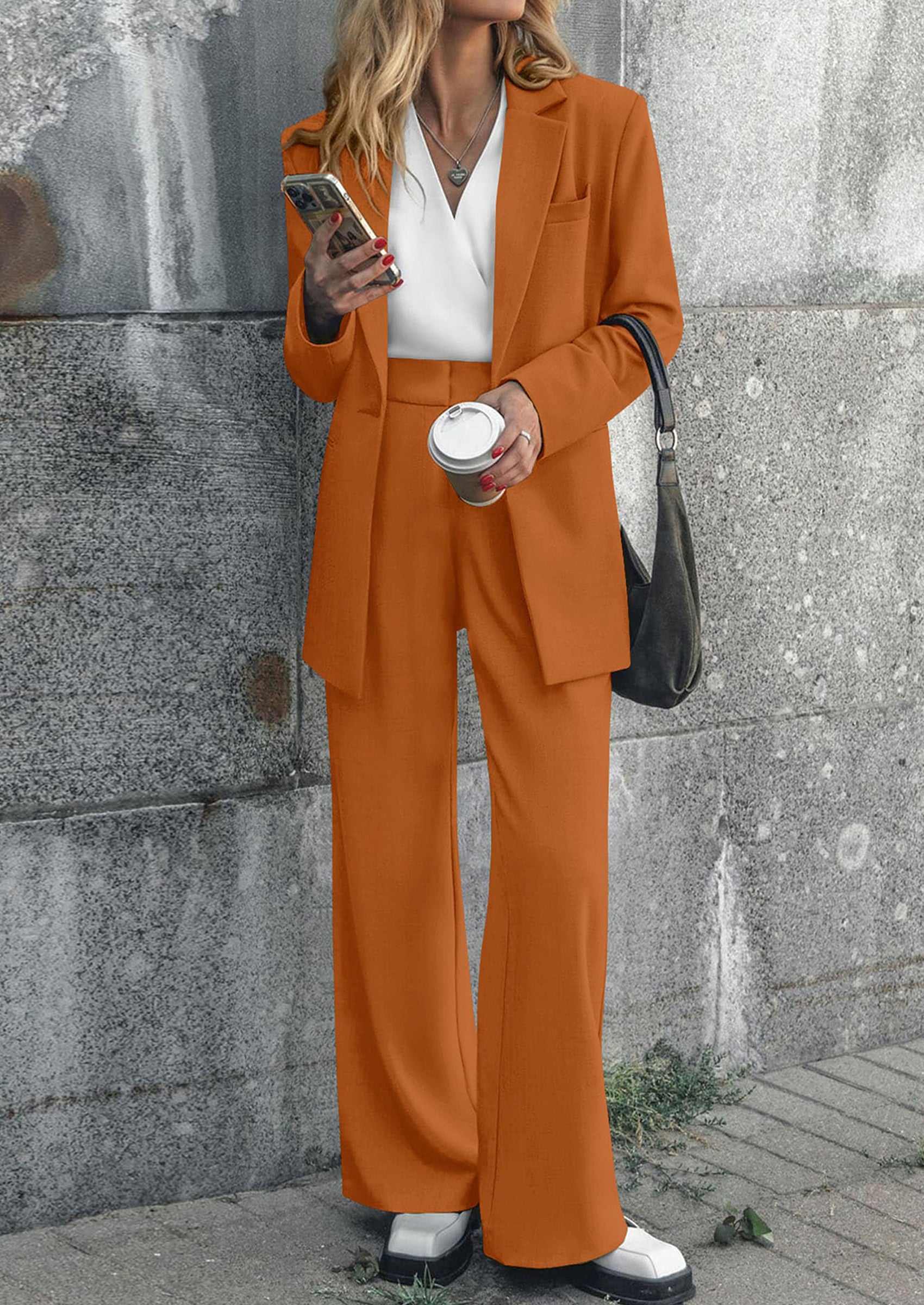 PRETTYGARDEN Women's Fall Two Piece Outfits Dressy Blazer Jacket and Wide Leg Pants Pockets Business Casual Office Suit Sets