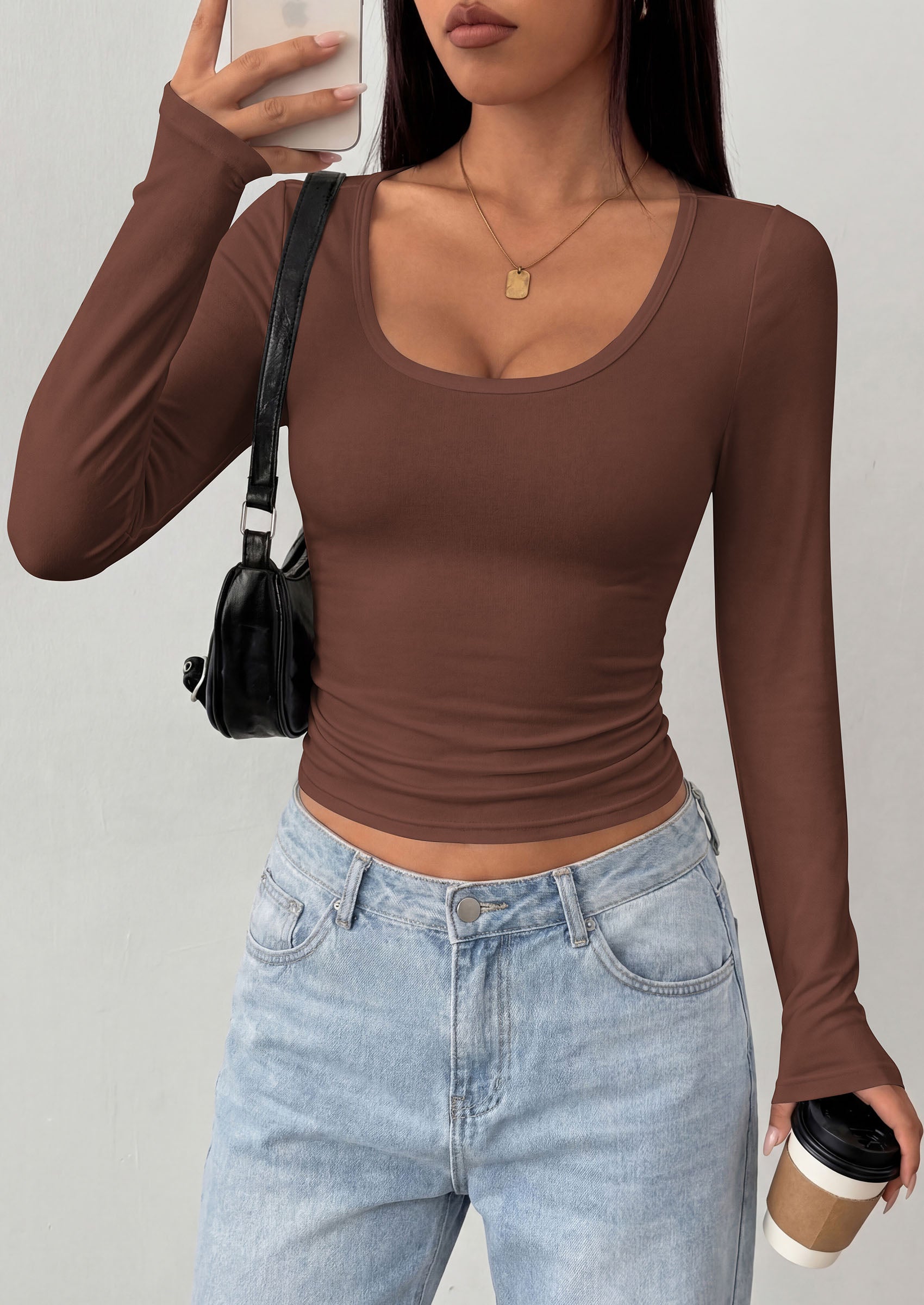 PRETTYGARDEN Womens Long Sleeve Tops 2026 Casual Scoop Neck Basic Tees Slim Fitted Tshirts Layer Knit Fall Outfits