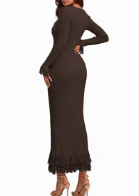 PRETTYGARDEN Womens Long Sleeve Bodycon Sweater Dress  Stretchy Ribbed Knit,Fringe Trim Cuffs & Hem,Slim Fit Crewneck,Date Night Outfits,Fall Winter Wedding Guest Cocktail Dresses