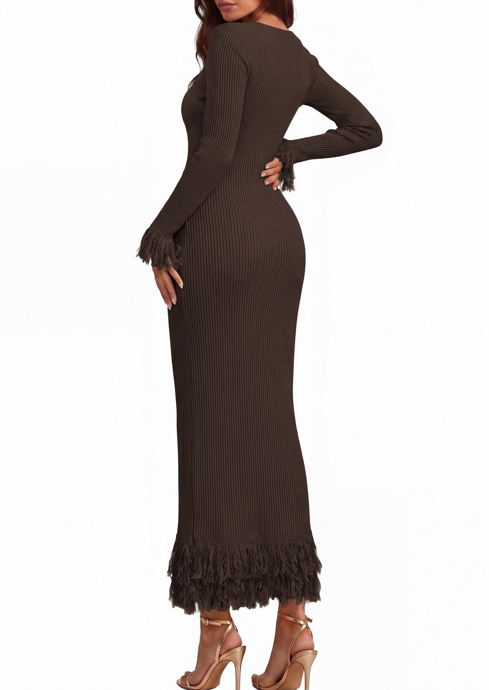 PRETTYGARDEN Womens Long Sleeve Bodycon Sweater Dress  Stretchy Ribbed Knit,Fringe Trim Cuffs & Hem,Slim Fit Crewneck,Date Night Outfits,Fall Winter Wedding Guest Cocktail Dresses