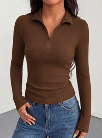 PRETTYGARDEN Women's Fall Quarter Zip Long Sleeve Shirts | Soft Stretchy Ribbed Knit, Collared Zipper Slim Fitted, Raglan Sleeves Pullover, Dressy Casual Tops, Trendy Going Out Outfits