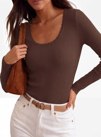 PRETTYGARDEN Women's Fall Lightweight Ribbed Knit Sweaters | Stretchy Cozy Knitwear,Scalloped Scoop Neck,Long Sleeve Shirts,Slim Fitted Pullover,Basic Layering Tops,Cute Casual Outfits