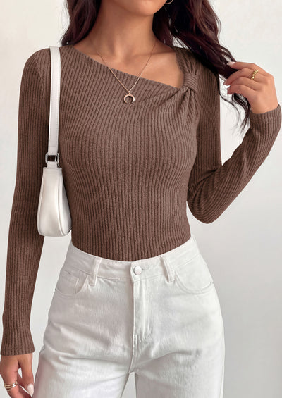 PRETTYGARDEN Womens 2026 Early Fall Fashion Long Sleeve T Shirts Asymmetrical Ribbed Fitted Trendy Going Out Tops Y2K Outfits