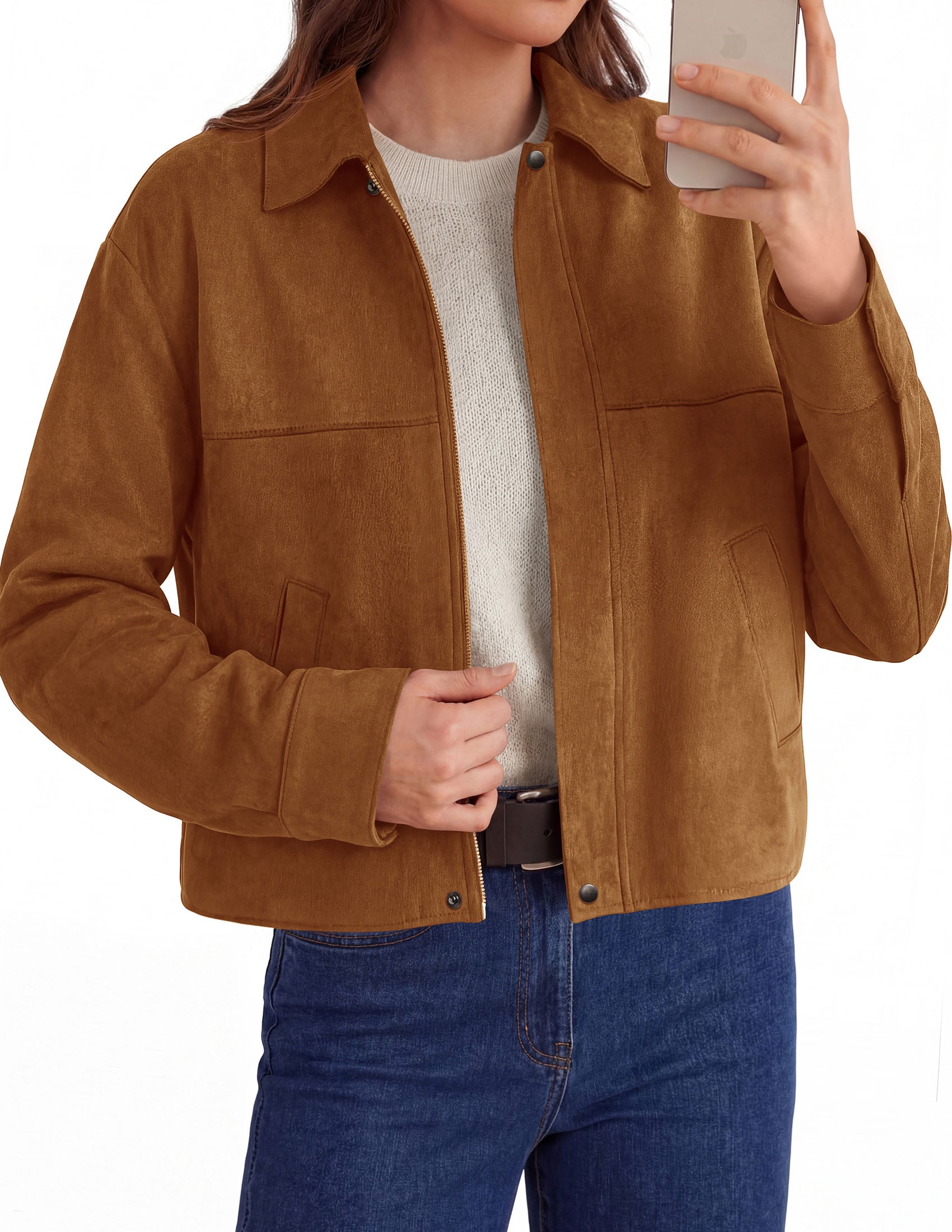 PRETTYGARDEN Women's Faux Suede Cropped Fall Jackets | Soft Zip Up Coats,Classic Lapel Collar,Button Down Shacket,Oversized Casual Outerwear,Trendy Winter Clothes with Pockets