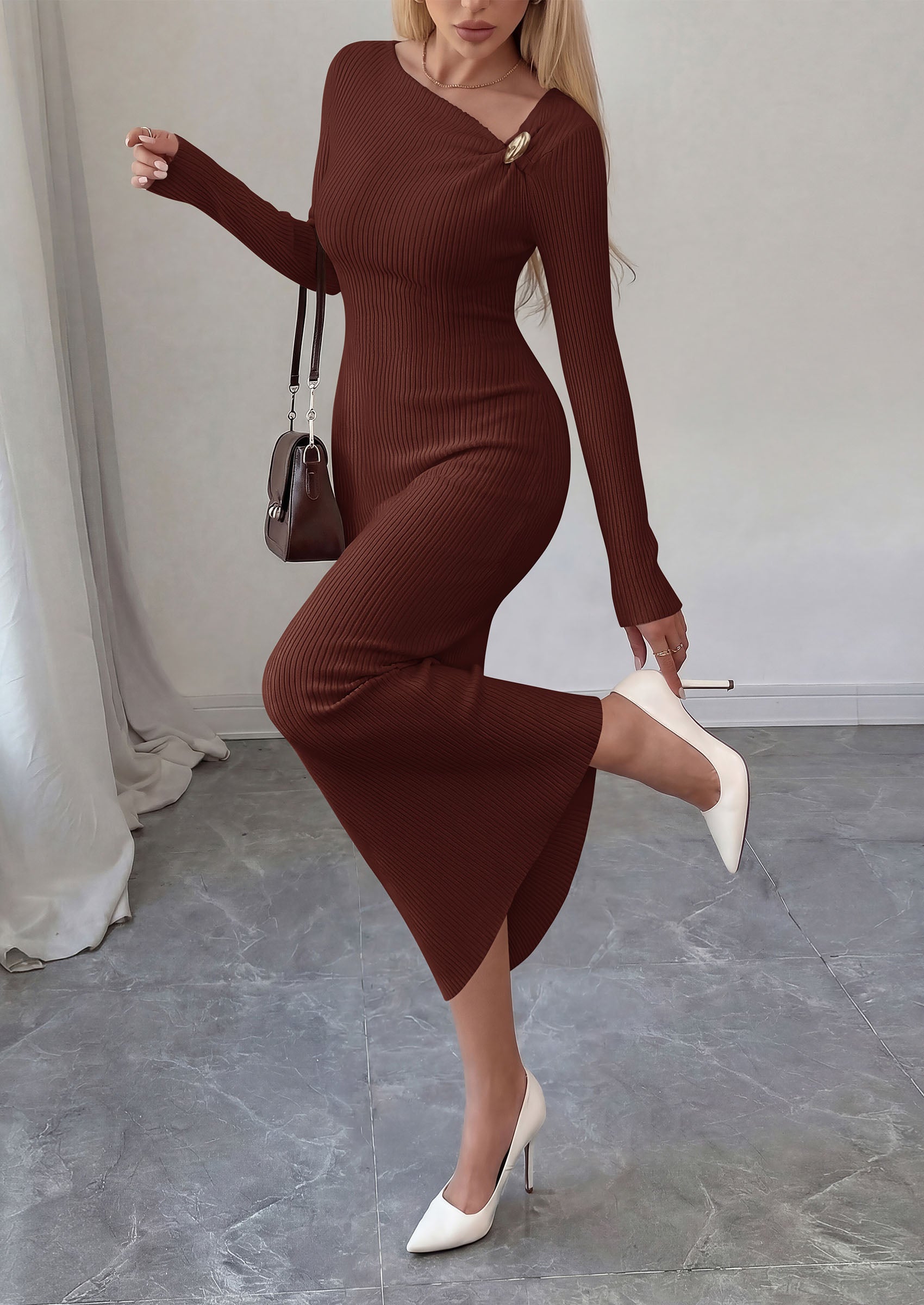 PRETTYGARDEN Womens Fall Long Sleeve Ribbed Sweater Dress | Breathable Knit Fabric, Elegant Bodycon Cut, Fashion Asymmetrical Neck, Night Out Party Dresses, 2026 Trendy Winter Clothes  Price, product page