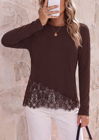 PRETTYGARDEN Women's Lace Patchwork Long Sleeve Shirts | Soft Casual Tops,Irregular Asymmetrical Hem,Crew Neck Thermal Blouses,Loose Fit Layer Tee,Fashion Fall Winter Daily Wear
