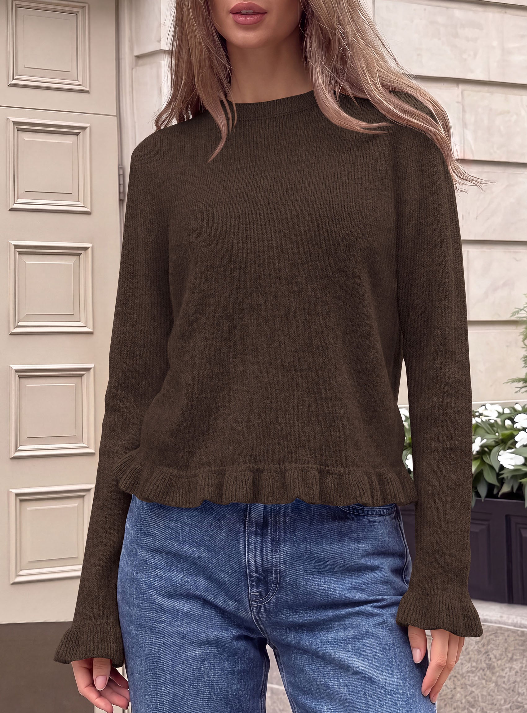 PRETTYGARDEN Women's Ruffle Sweaters Fall Fashion Cozy Knit Pullover  Soft Warm Chunky, Crewneck Long Sleeve, Cute Peplum Tops, Dressy Casual Blouses, Going Out Holiday, Trendy Winter Outfits