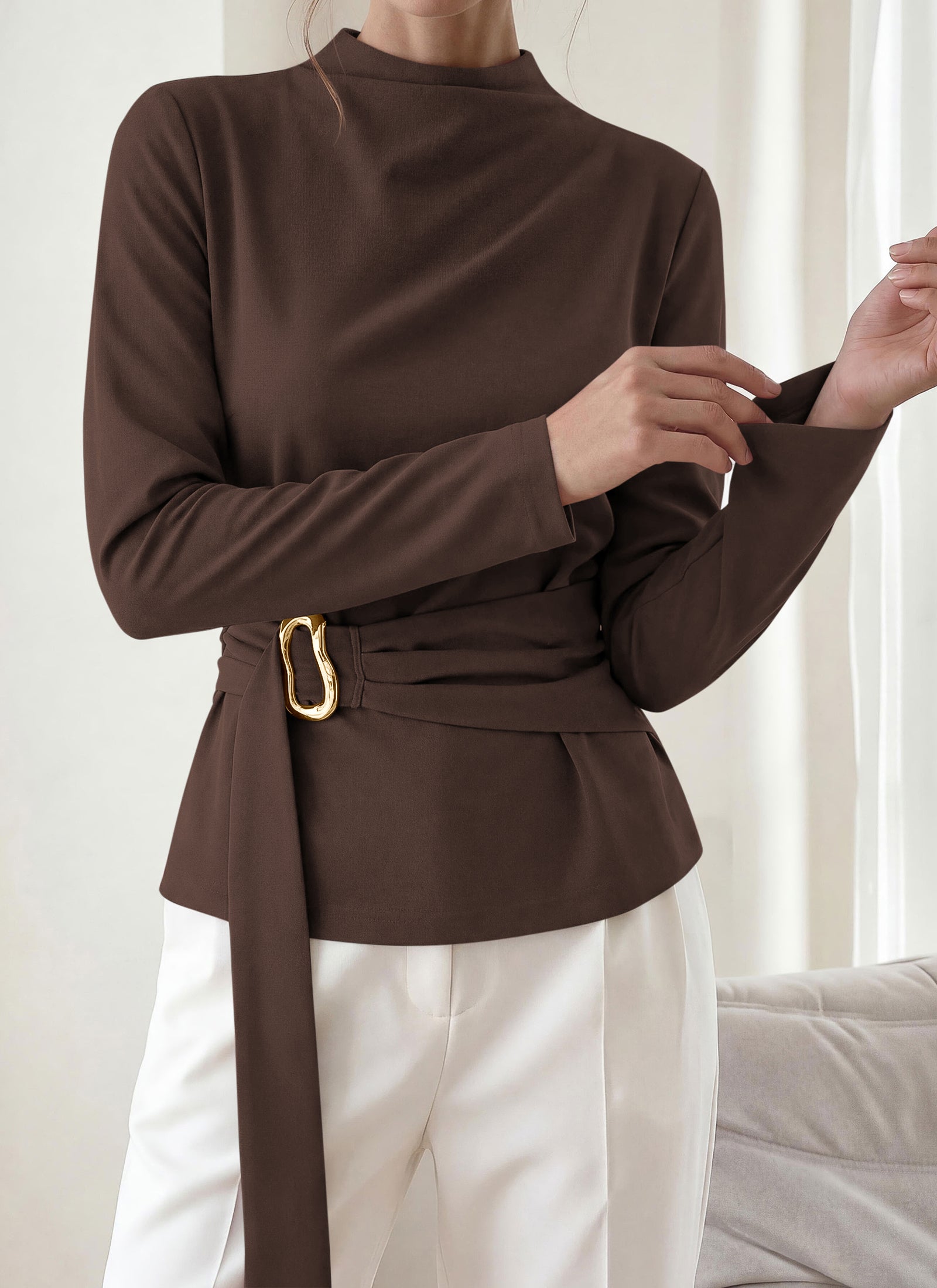PRETTYGARDEN Women Blouses Fall Dressy Mock Neck Long Sleeve Work Shirts Buckle Belted Tunic Business Casual Tops
