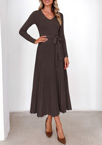 PRETTYGARDEN Womens Fall Maxi Long Sleeve Sweater Dress  Soft Stretchy Knit, V Neck A Line Dresses with Bow, Flowy Pleated Hem, Cocktail Party Outfits, Trendy Winter Clothes