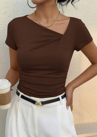 PRETTYGARDEN Women's 2026 Summer Asymmetrical Y2K Tops Trendy Ribbed Short Sleeve Fitted Tee Shirts Spring Fashion Clothing