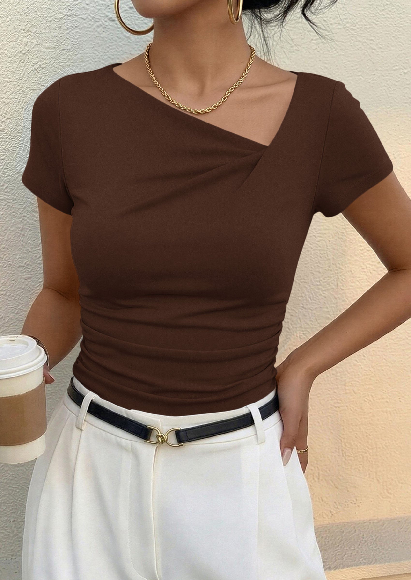 PRETTYGARDEN Women's 2026 Summer Asymmetrical Y2K Tops Trendy Ribbed Short Sleeve Fitted Tee Shirts Spring Fashion Clothing