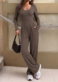 PRETTYGARDEN Womens Fall One Piece Long Sleeve Jumpsuit | Stretchy Ribbed Knit, Fashion Deep V Neck, Wide Leg Romper with Pockets, Work Business Casual Outfits, Trendy Winter Clothes