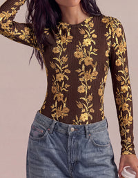 PRETTYGARDEN Womens Long Sleeve Shirts Floral Y2K Tops | Soft Lightweight Ribbed Knit Top,Fitted Waist,Crew Neck Slim Fit,Going Out Vacation Outfits,Layering Fall Winter Clothes