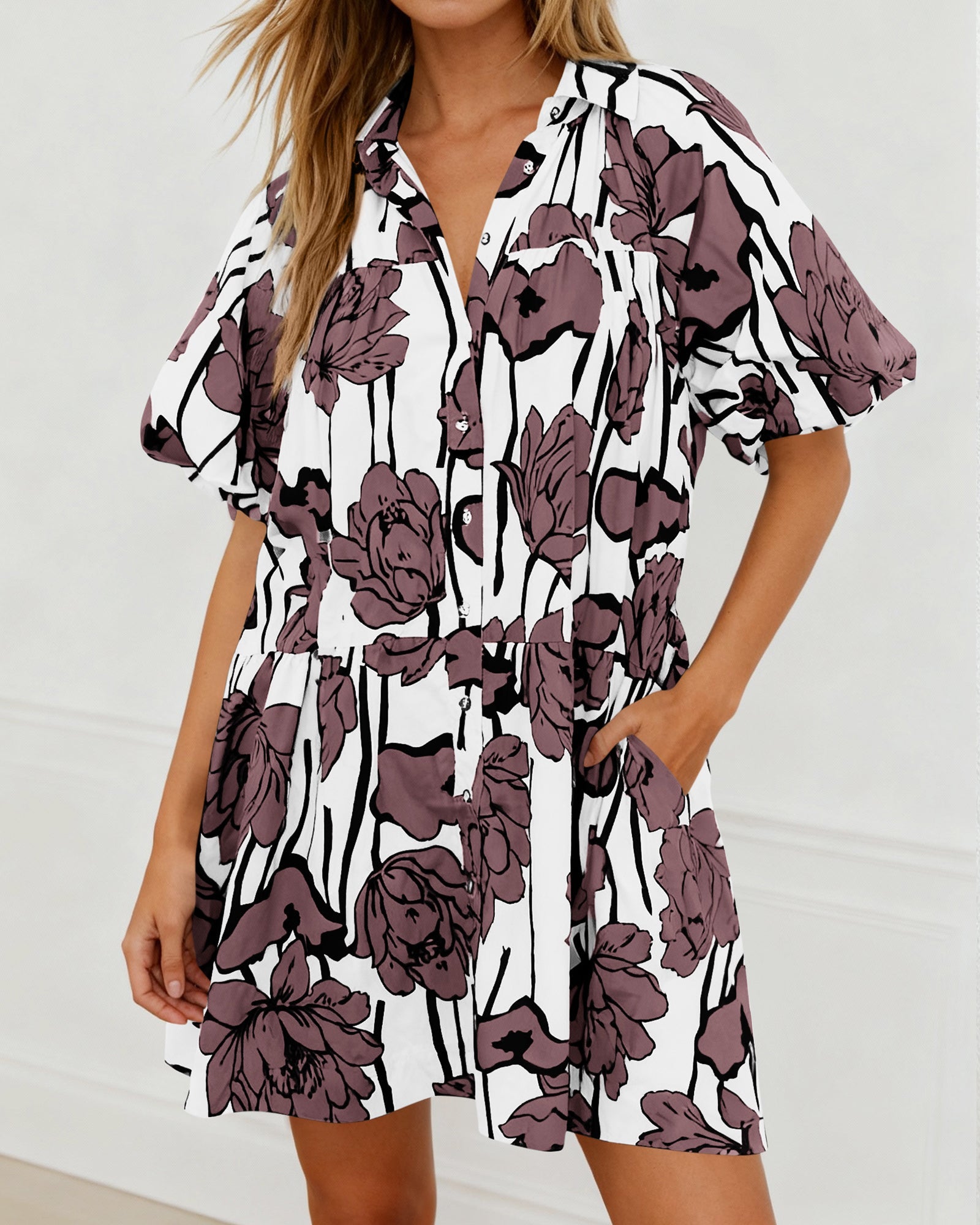 PRETTYGARDEN Womens Summer Dresses 2026 Casual Puff Sleeve Button Down Mini Shirt Dress Boho Floral Babydoll Sun Dress PRETTYGARDEN