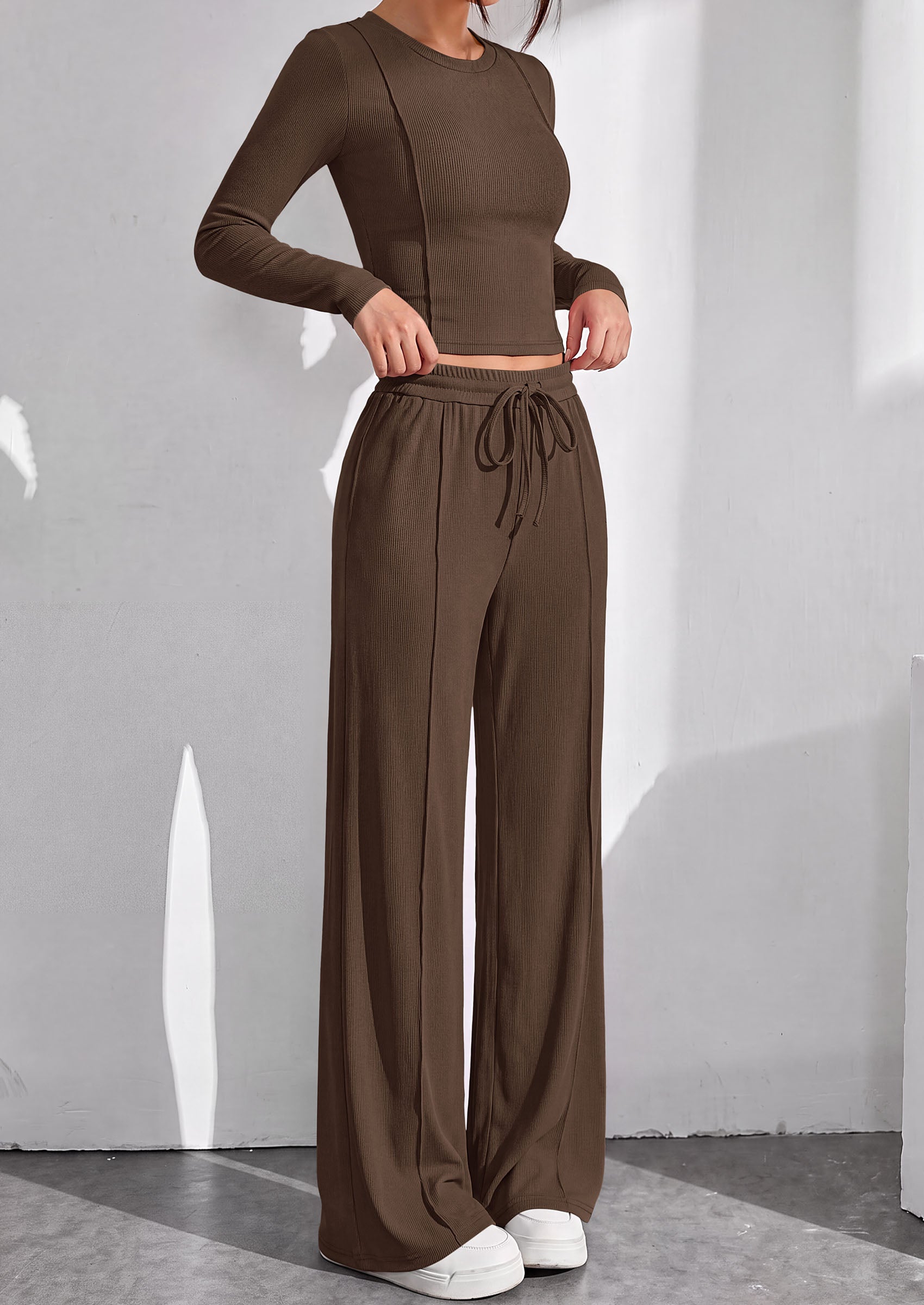 PRETTYGARDEN Womens 2 Piece Sets Long Sleeve Outfits  Soft Ribbed Knit, Loose Wide Leg Fit, Crop Top Drawstring High Waist Pants Set, Casual Lounge Travel, Matching Fall Clothes