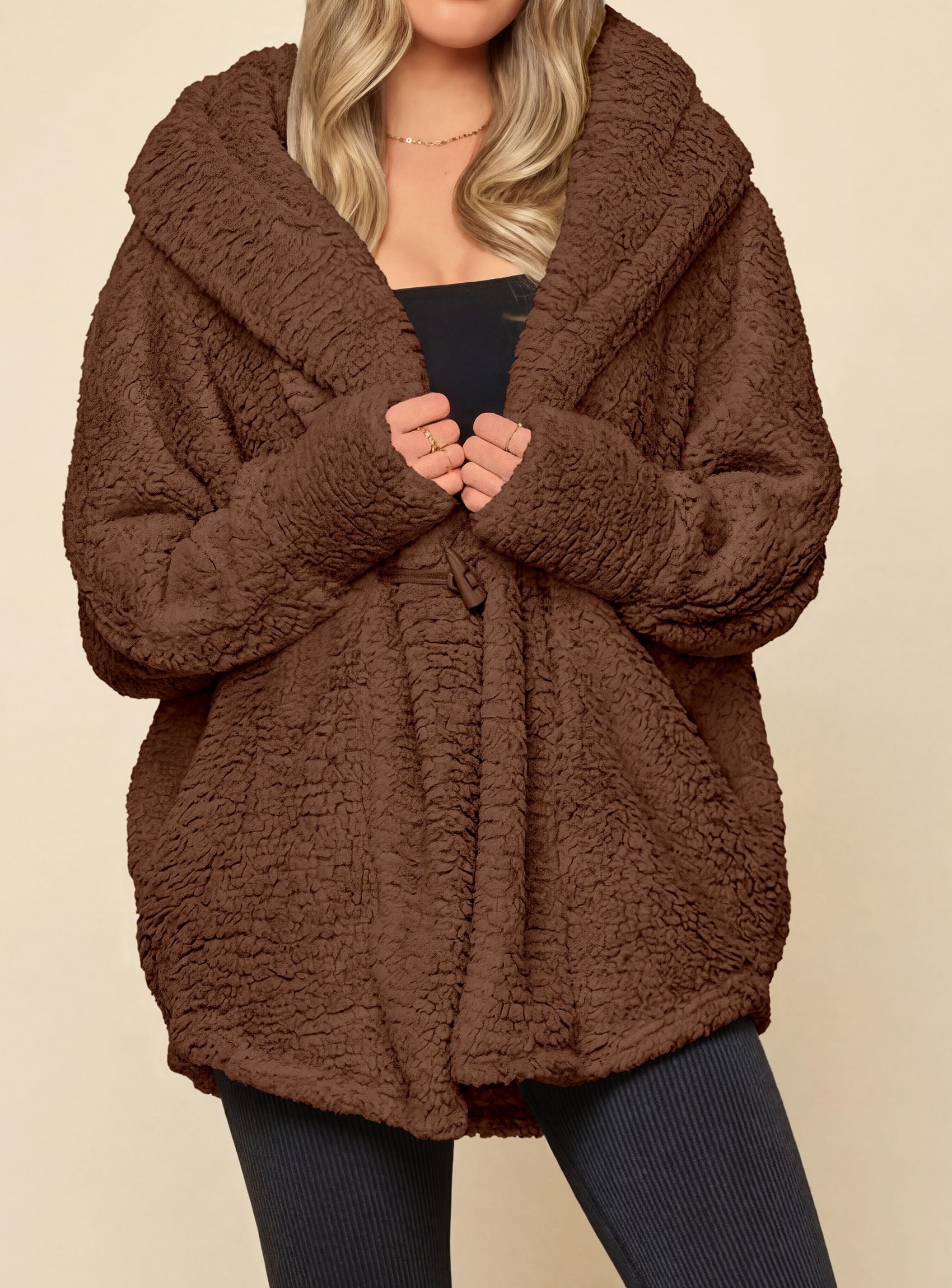 PRETTYGARDEN Women's Winter Warm Coats Hooded Faux Fur Sherpa Jacket  Fuzzy Fleece, Thumb Holes, Long Sleeve Pockets, Teddy Bear Jackets, Trendy Casual Fall Clothes, Holiday Going Out Outfits