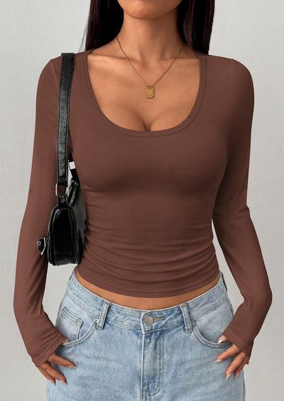 PRETTYGARDEN Womens Long Sleeve Tops 2026 Casual Scoop Neck Basic Tees Slim Fitted Tshirts Layer Knit Fall Outfits