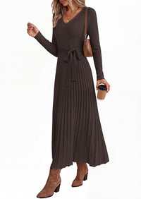 PRETTYGARDEN Womens Fall Maxi Long Sleeve Sweater Dress  Soft Stretchy Knit, V Neck A Line Dresses with Bow, Flowy Pleated Hem, Cocktail Party Outfits, Trendy Winter Clothes