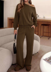PRETTYGARDEN Womens 2 Piece Casual Matching Lounge Sets  Fashion Off the Shoulder Sweatshirt, Wide Leg Pants with Pockets, Comfy Airport Travel Outfit, 2026 Trendy Fall Set