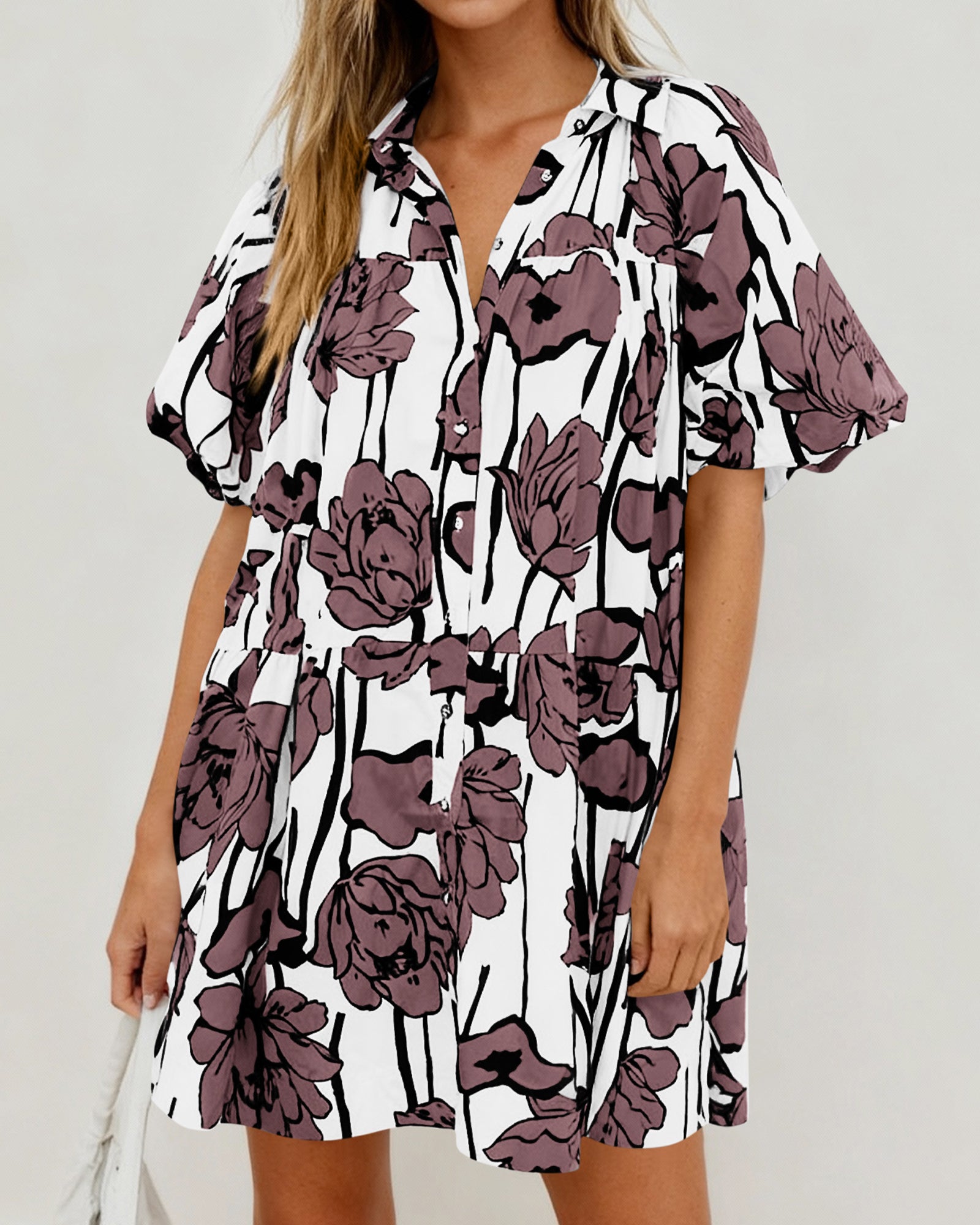 PRETTYGARDEN Womens Summer Dresses 2026 Casual Puff Sleeve Button Down Mini Shirt Dress Boho Floral Babydoll Sun Dress PRETTYGARDEN