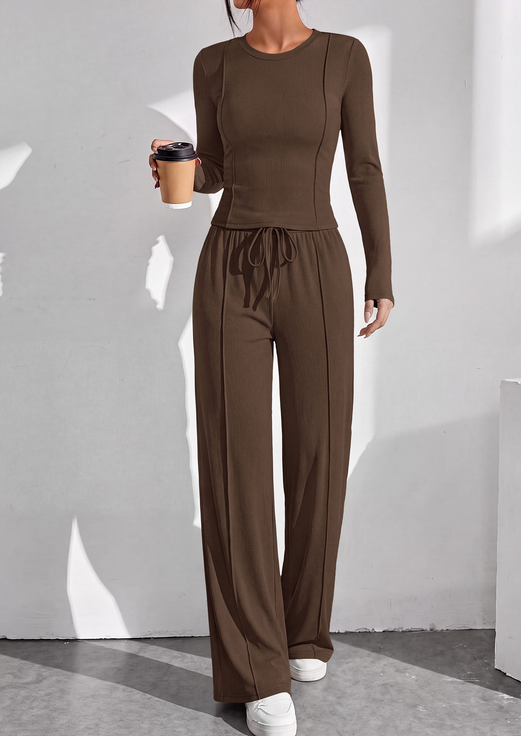 PRETTYGARDEN Womens 2 Piece Sets Long Sleeve Outfits  Soft Ribbed Knit, Loose Wide Leg Fit, Crop Top Drawstring High Waist Pants Set, Casual Lounge Travel, Matching Fall Clothes