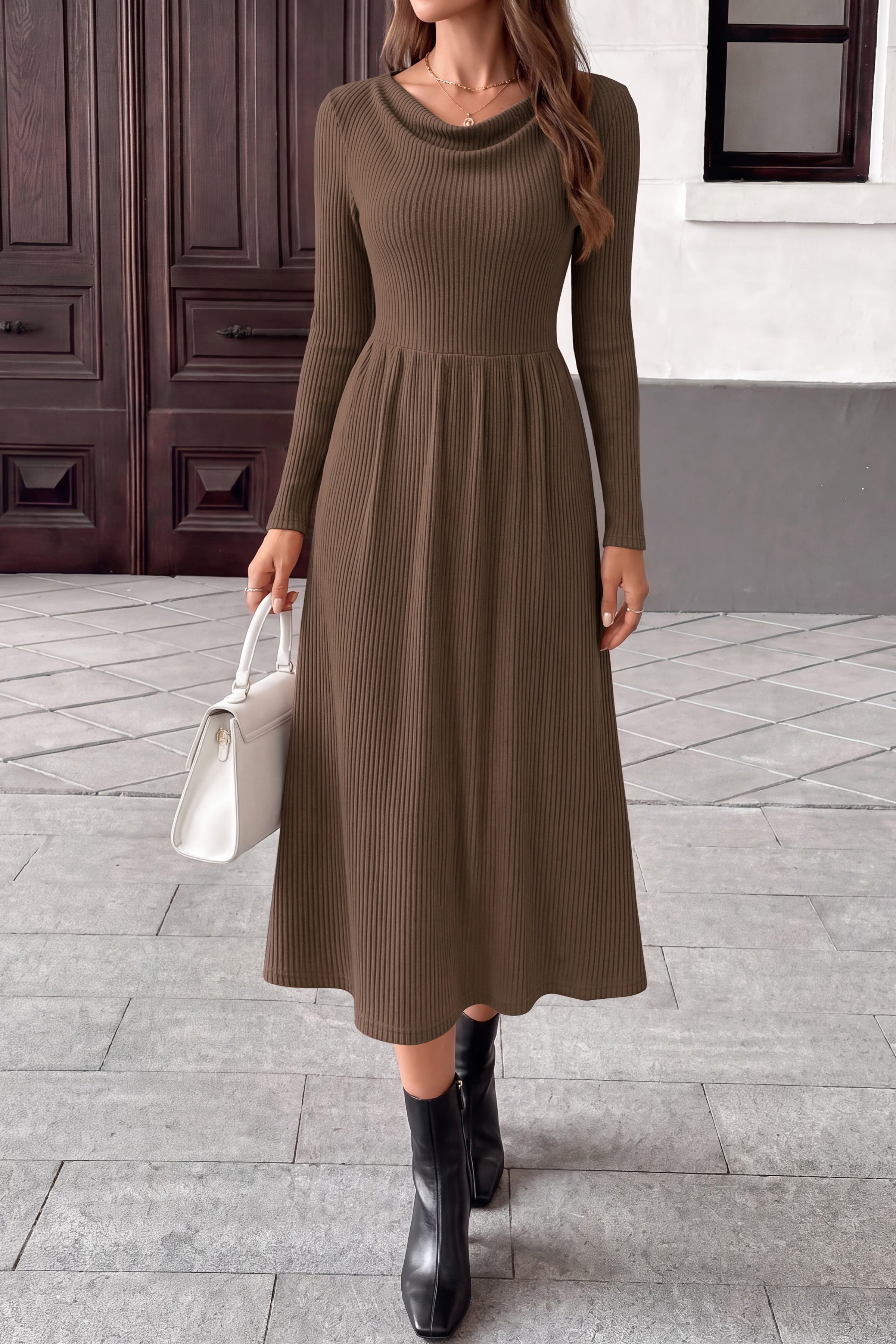PRETTYGARDEN Women Casual Cowl Neck Long Sleeve Midi Dress