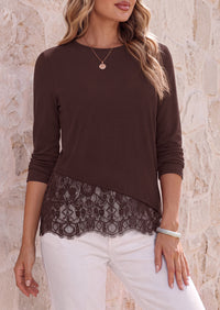 PRETTYGARDEN Women's Lace Patchwork Long Sleeve Shirts | Soft Casual Tops,Irregular Asymmetrical Hem,Crew Neck Thermal Blouses,Loose Fit Layer Tee,Fashion Fall Winter Daily Wear