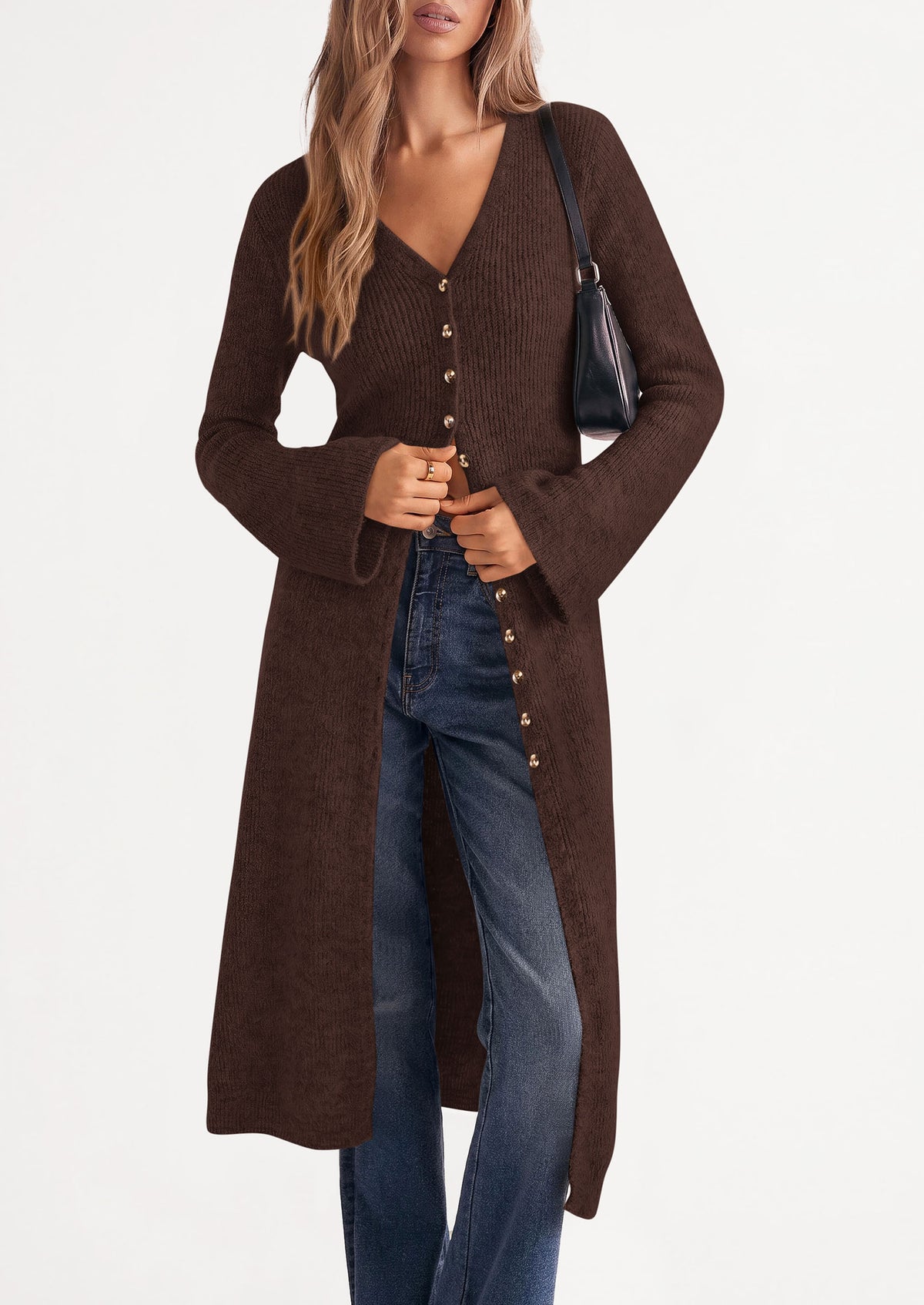 PRETTYGARDEN Women Long Cardigan Bell Sleeve Sweater Dress  Early Fall Fashion, V Neck Button Down Coats, Fit and Flare, Duster Sweater, Business Casual Outfits, Acrylic Cotton Blend