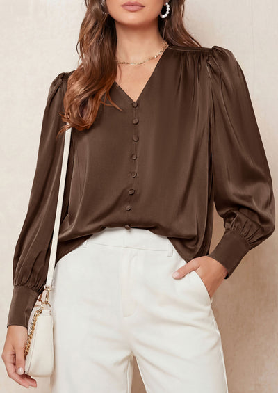 PRETTYGARDEN Satin Long Sleeve Womens Blouses Dressy Casual | Glossy Smooth Silk Fabric,Lantern Sleeve Fall Tops,Decorative Button Pullover,V Neck Shirts,Office Work Business Outfits