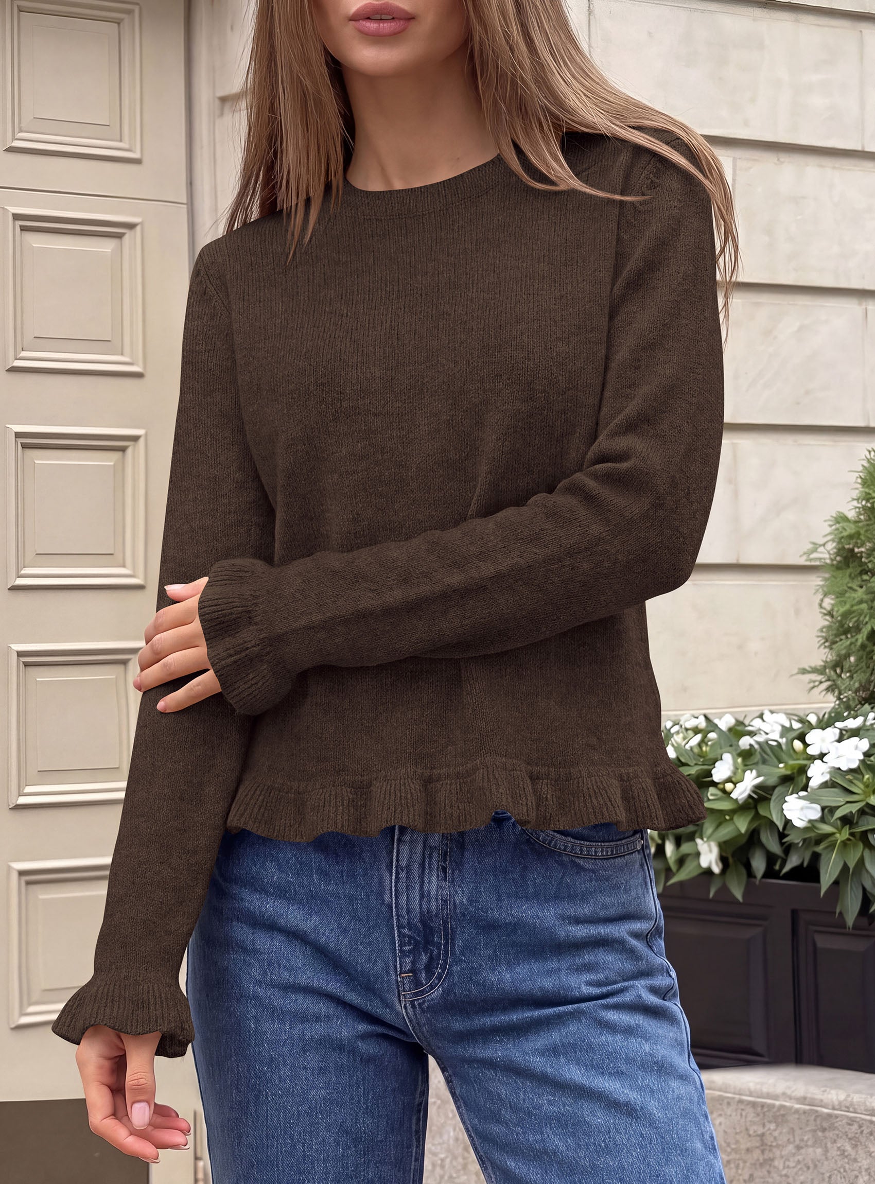 PRETTYGARDEN Women's Ruffle Sweaters Fall Fashion Cozy Knit Pullover  Soft Warm Chunky, Crewneck Long Sleeve, Cute Peplum Tops, Dressy Casual Blouses, Going Out Holiday, Trendy Winter Outfits