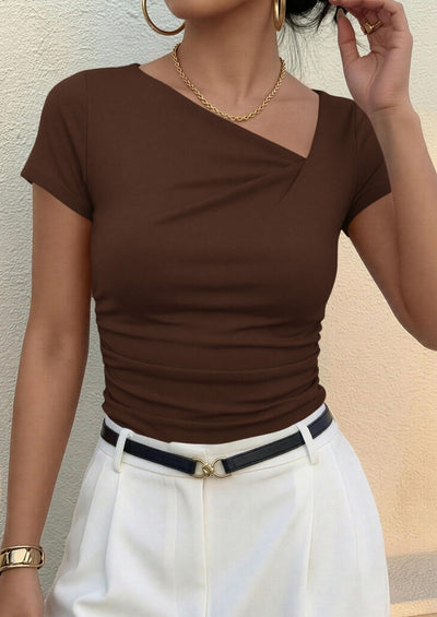 PRETTYGARDEN Women's 2026 Summer Asymmetrical Y2K Tops Trendy Ribbed Short Sleeve Fitted Tee Shirts Spring Fashion Clothing