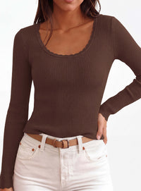 PRETTYGARDEN Women's Fall Lightweight Ribbed Knit Sweaters | Stretchy Cozy Knitwear,Scalloped Scoop Neck,Long Sleeve Shirts,Slim Fitted Pullover,Basic Layering Tops,Cute Casual Outfits