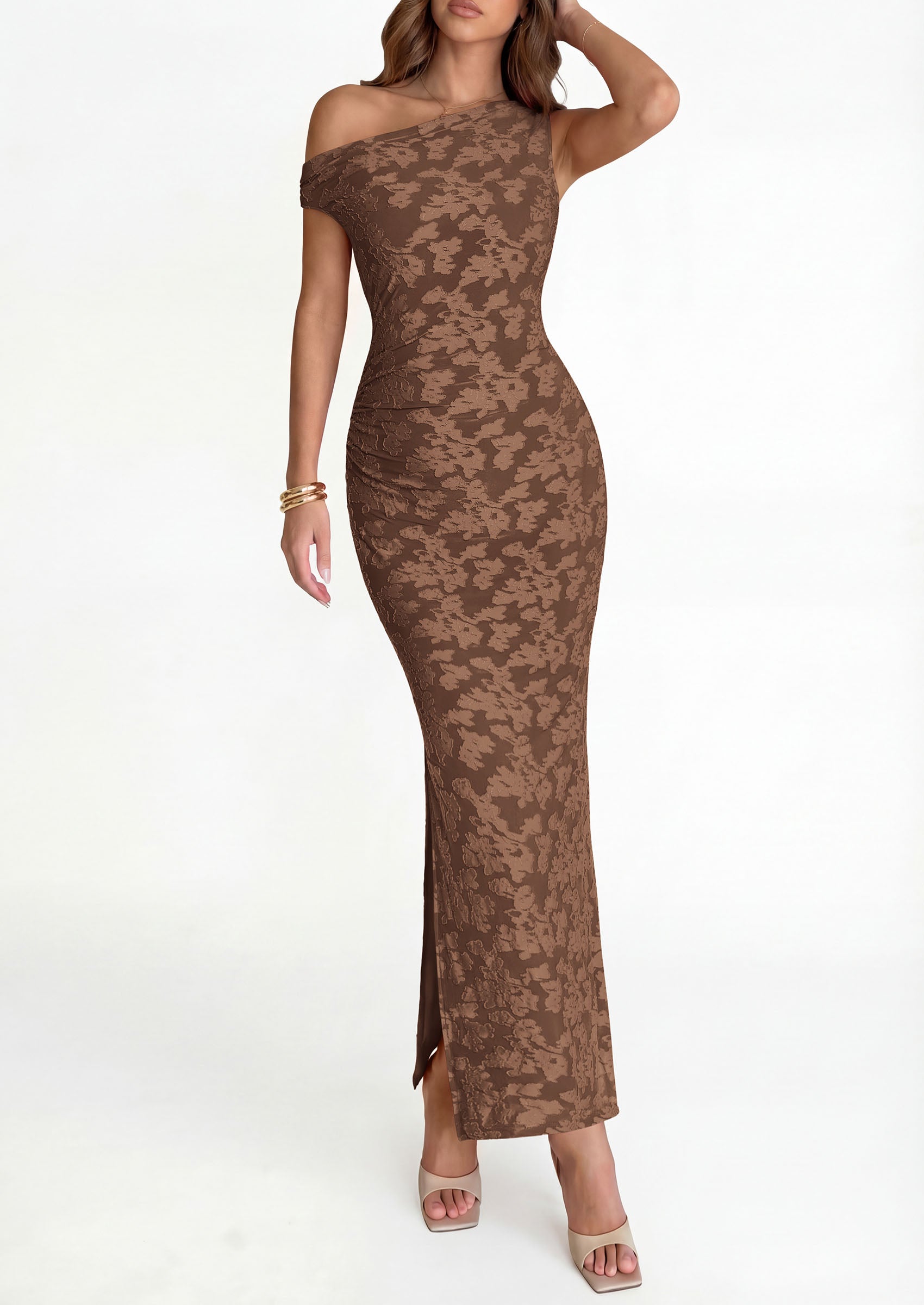 PRETTYGARDEN Womens Floral One Shoulder Maxi Dress 2026 Summer Spring Bodycon Ruched Side Slit Elegant Cocktail Party Dresses PRETTYGARDEN