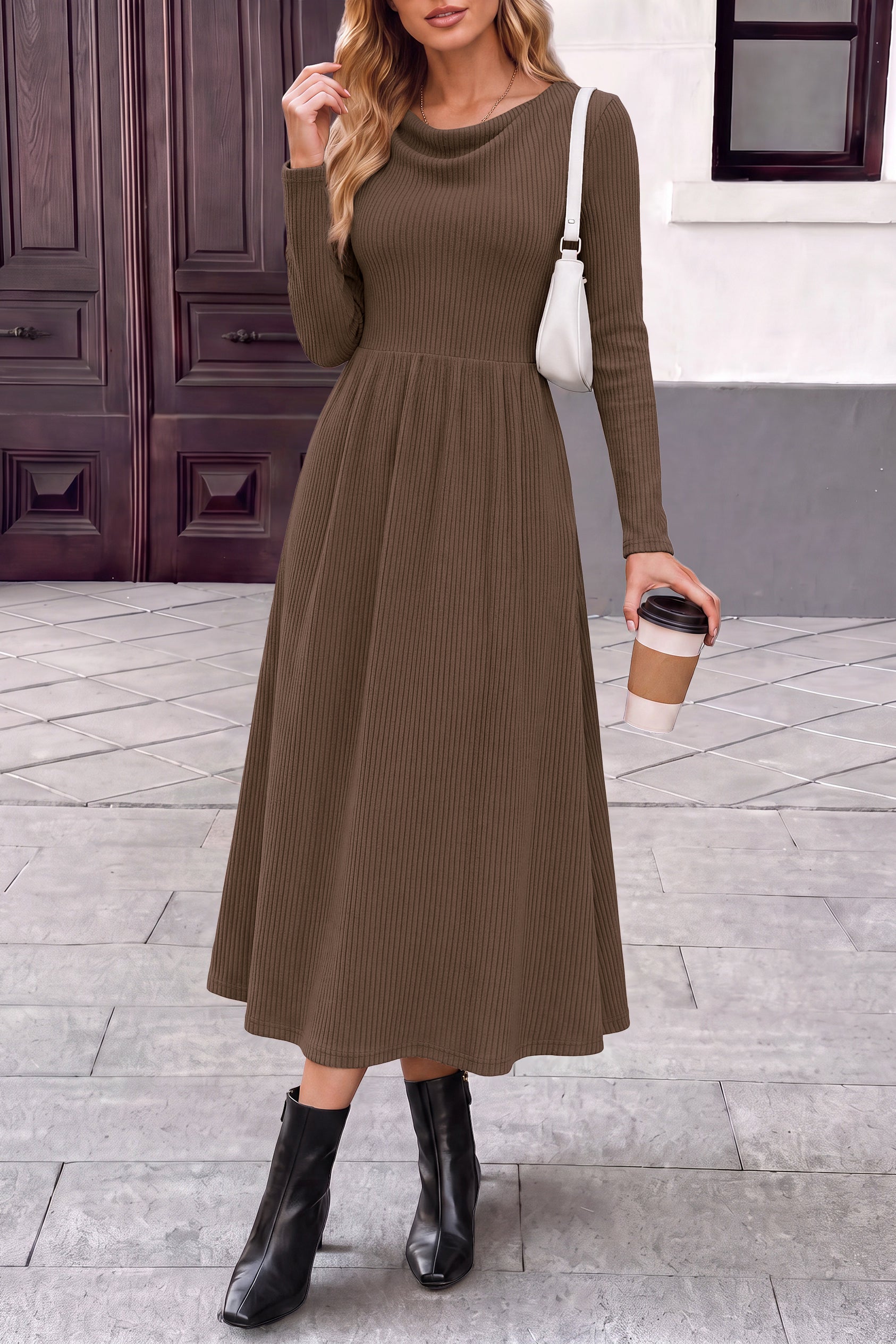 PRETTYGARDEN Women Casual Cowl Neck Long Sleeve Midi Dress