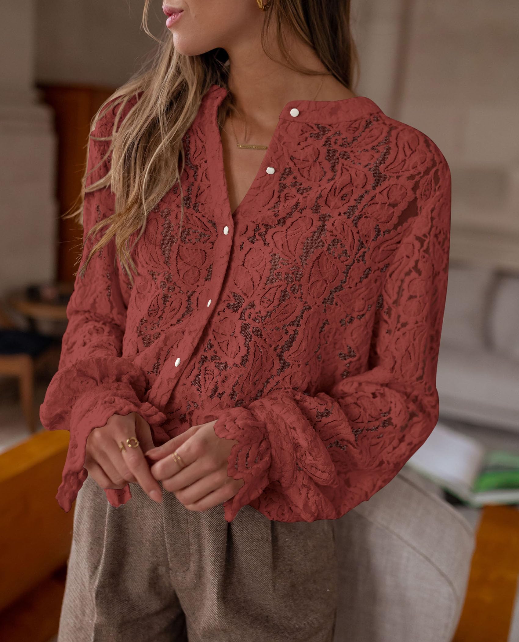 PRETTYGARDEN Women's Dressy Casual Lace Blouse Long Sleeve Button Up Shirts Tops Spring Fall Fashion Clothes