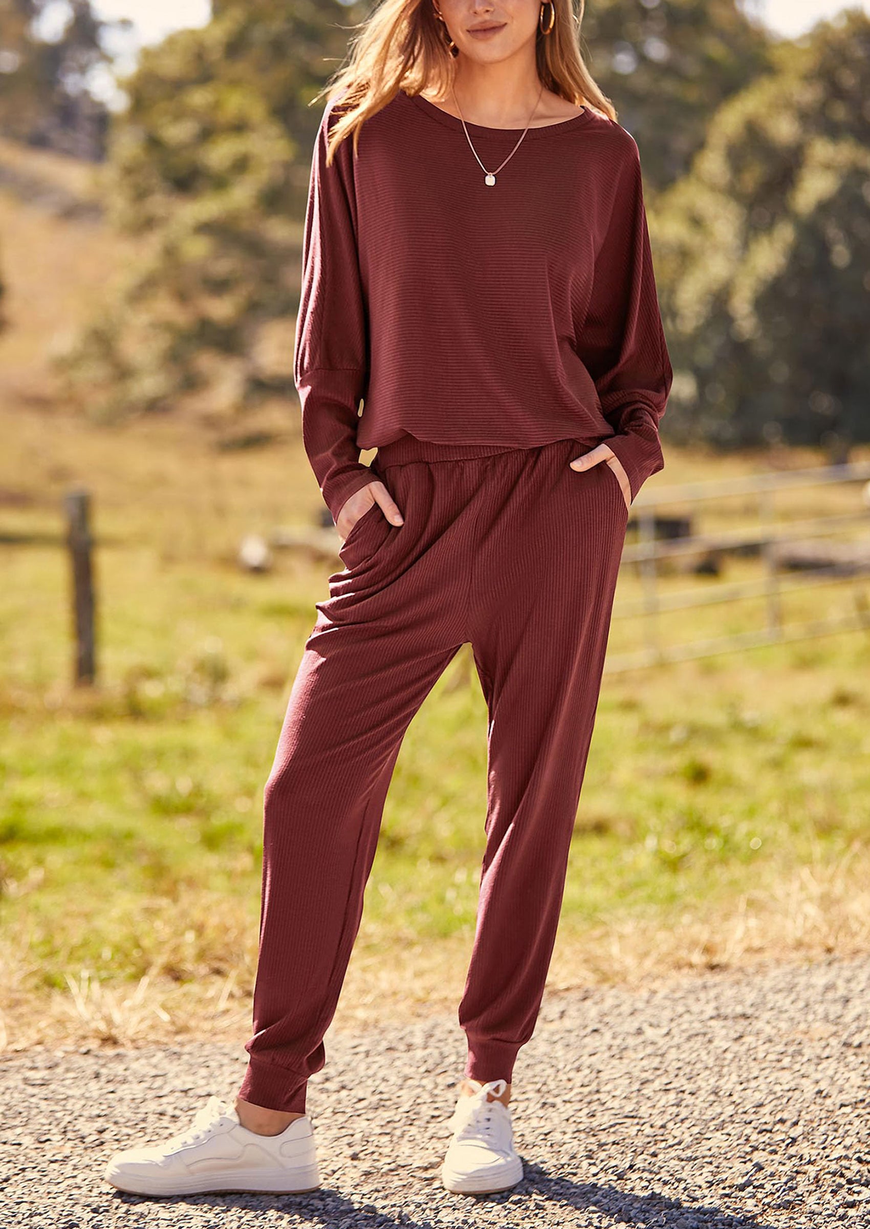 PRETTYGARDEN Women's Fall 2 Piece Lounge Set Long Sleeve Tops Ribbed Pants Spring Matching Sweatsuit Travel Outfits Clothes