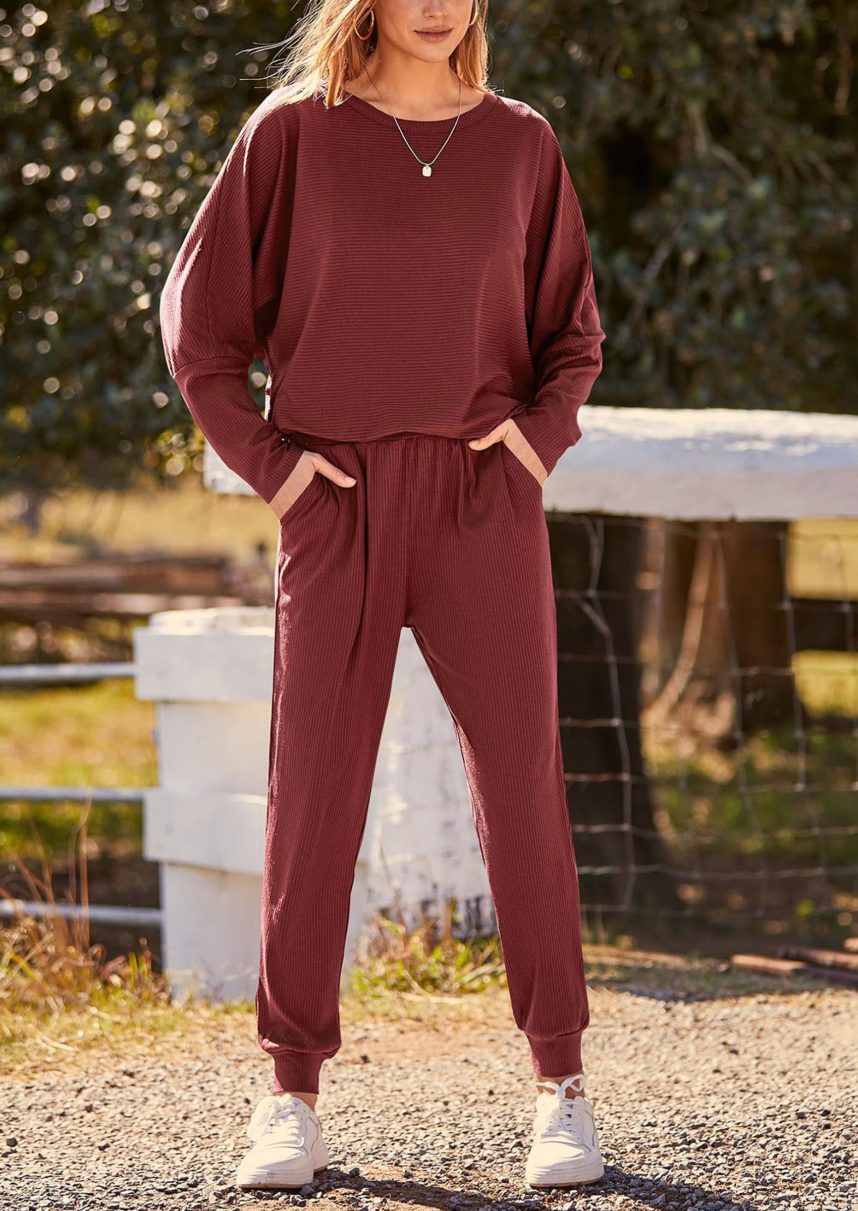 PRETTYGARDEN Women's Fall 2 Piece Lounge Set Long Sleeve Tops Ribbed Pants Spring Matching Sweatsuit Travel Outfits Clothes