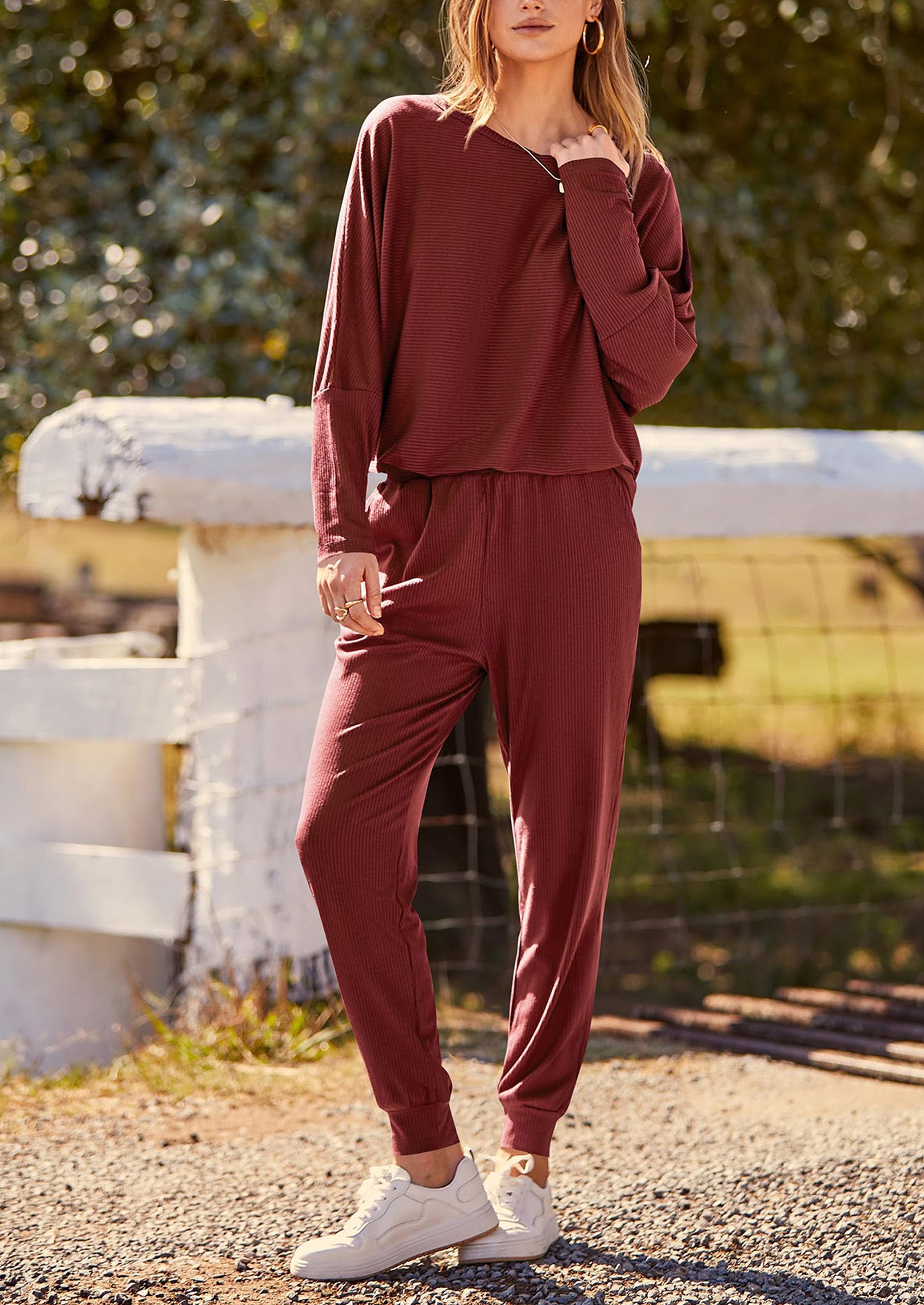 PRETTYGARDEN Women's Fall 2 Piece Lounge Set Long Sleeve Tops Ribbed Pants Spring Matching Sweatsuit Travel Outfits Clothes