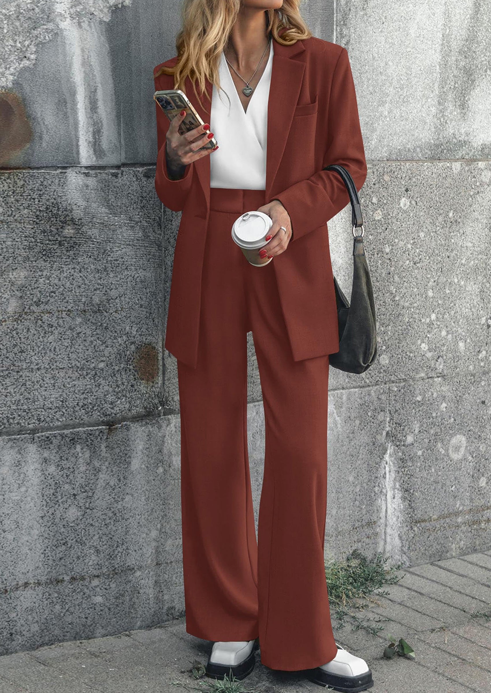 PRETTYGARDEN Women's Fall Two Piece Outfits Dressy Blazer Jacket and Wide Leg Pants Pockets Business Casual Office Suit Sets