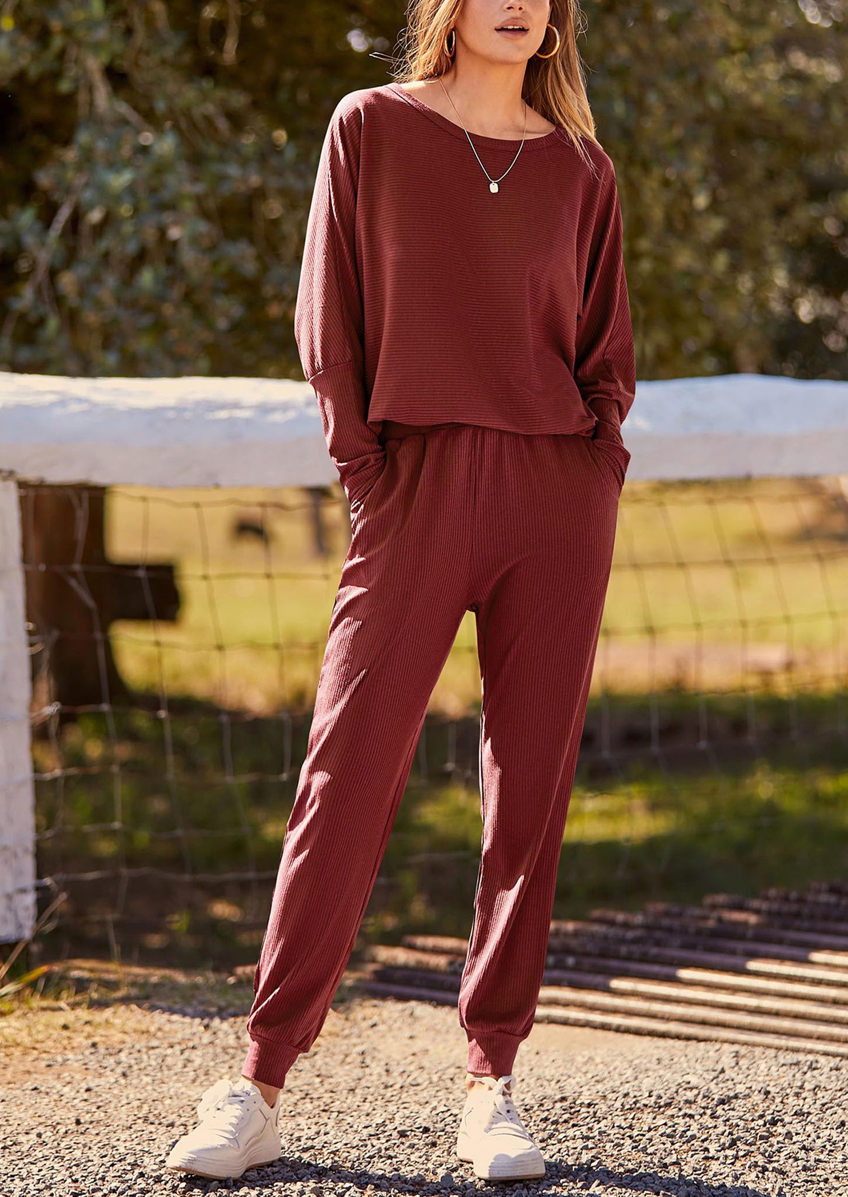 PRETTYGARDEN Women's Fall 2 Piece Lounge Set Long Sleeve Tops Ribbed Pants Spring Matching Sweatsuit Travel Outfits Clothes