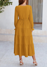 PRETTYGARDEN Women Fall Long Sleeve Smocked Maxi Dress Casual Square Neck Swiss Dot Tiered Ruffle Flowy Spring Pocket Dresses