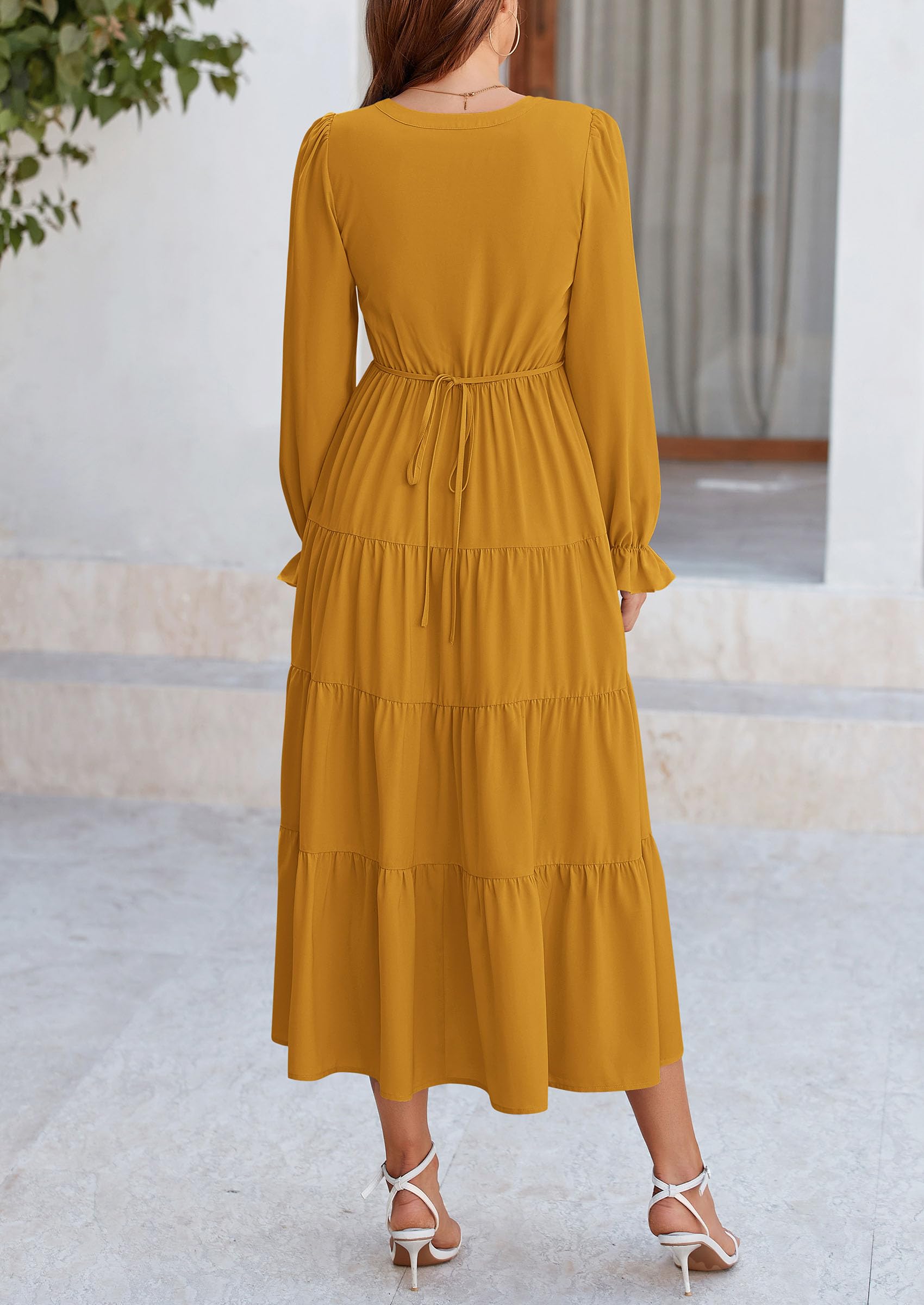 PRETTYGARDEN Women Fall Long Sleeve Smocked Maxi Dress Casual Square Neck Swiss Dot Tiered Ruffle Flowy Spring Pocket Dresses